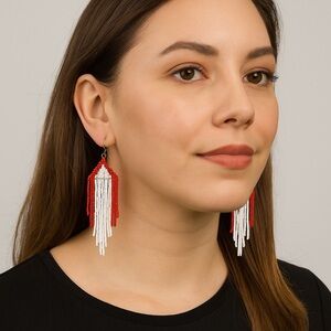 Chic Red and White Canadian Beaded Dangle Earrings